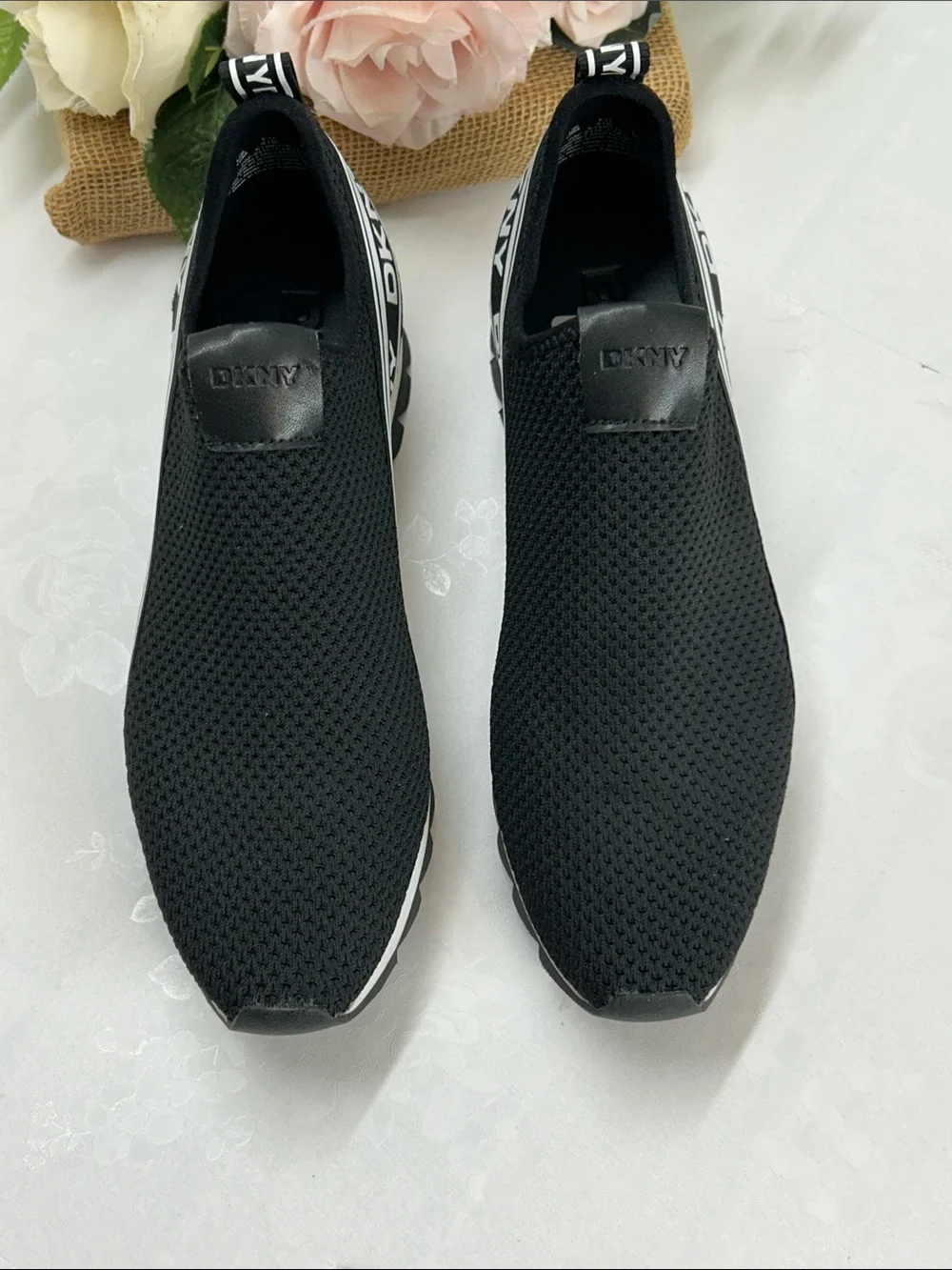 DKNY Black Knit Slip-On Sneakers with White Accents
